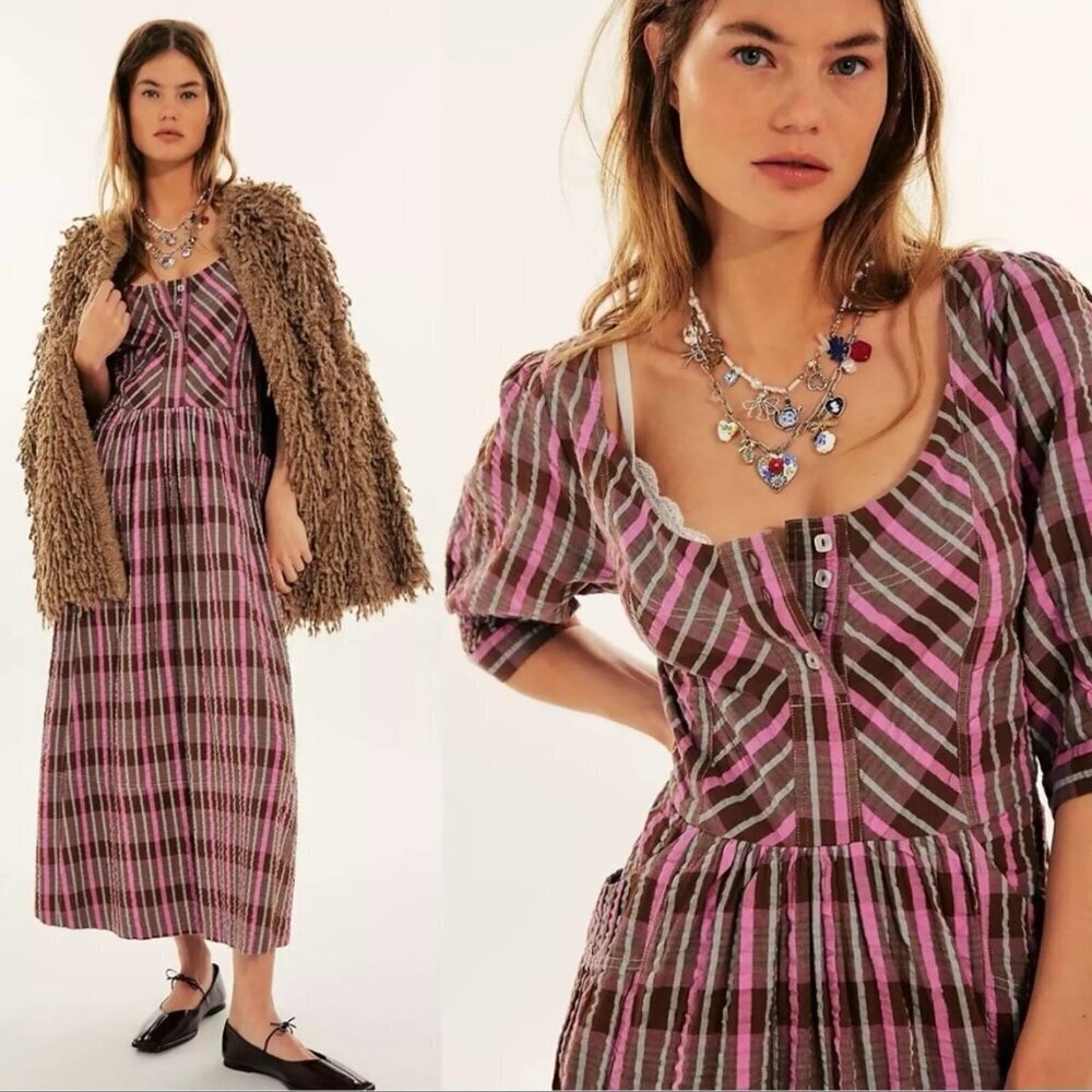 Free People Size Medium Tulie Plaid Midi Dress Boho Pink and brown plaid - Picture 4 of 16